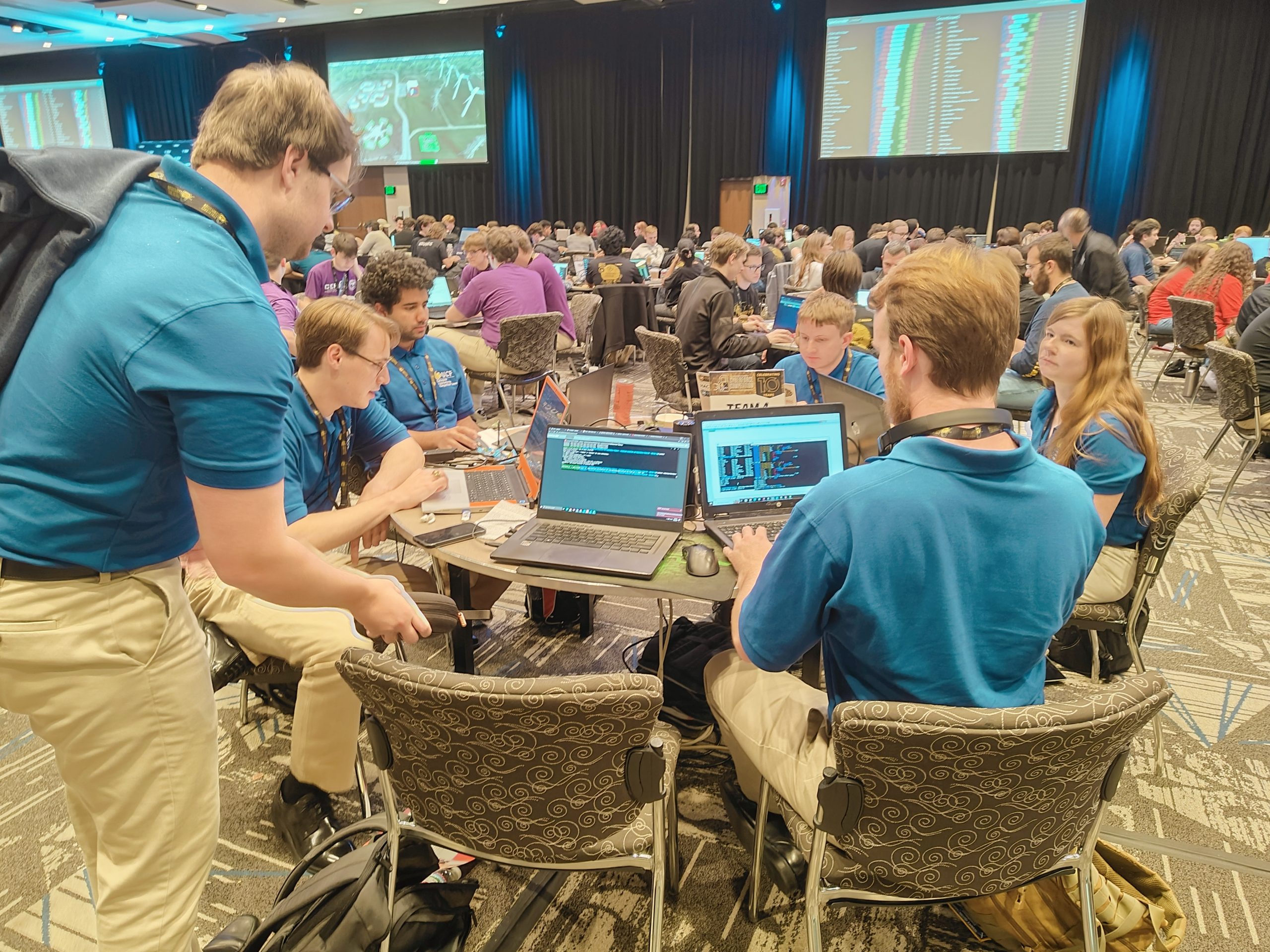 group of students at a table with laptops